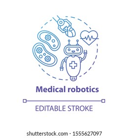 Medical robotics blue gradient concept icon. Health care computer machines idea thin line illustration. Types of robots. Innovative hospital system. Vector isolated outline drawing. Editable stroke