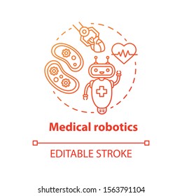 Medical robotics red concept icon. Health care computer machines idea thin line illustration. Types of robots. Innovative hospital system. Vector isolated outline drawing. Editable stroke