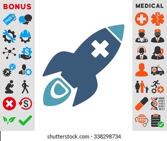 Medical Rocket vector icon with bonus. Style is bicolor flat symbol, cyan and blue colors, rounded angles, white background.