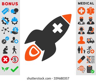 Medical Rocket vector icon with bonus. Style is bicolor flat symbol, orange and gray colors, rounded angles, white background.