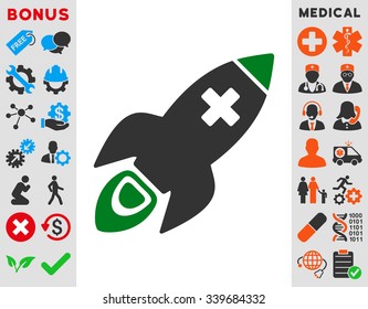 Medical Rocket vector icon with bonus. Style is bicolor flat symbol, green and gray colors, rounded angles, white background.