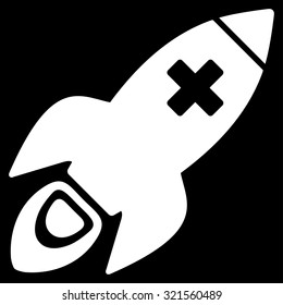 Medical Rocket vector icon. Style is flat symbol, white color, rounded angles, black background.