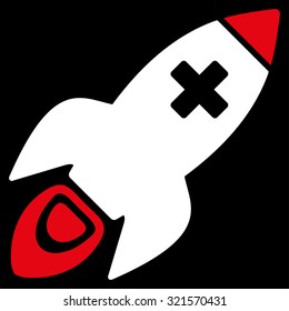 Medical Rocket vector icon. Style is bicolor flat symbol, red and white colors, rounded angles, black background.