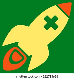 Medical Rocket vector icon. Style is bicolor flat symbol, orange and yellow colors, rounded angles, green background.