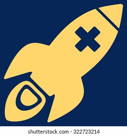Medical Rocket vector icon. Style is flat symbol, yellow color, rounded angles, blue background.