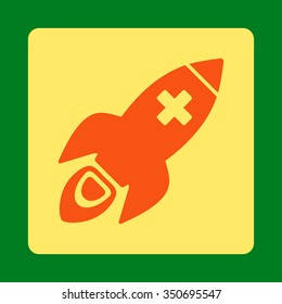Medical Rocket vector icon. Style is flat rounded square button, orange and yellow colors, green background.
