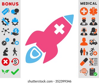 Medical Rocket vector icon. Style is bicolor flat symbol, pink and blue colors, rounded angles, white background.