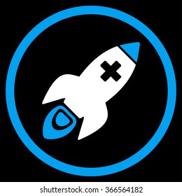 Medical Rocket vector icon. Style is bicolor flat circled symbol, blue and white colors, rounded angles, black background.