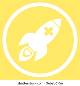 Medical Rocket vector icon. Style is flat circled symbol, white color, rounded angles, yellow background.