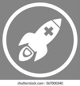 Medical Rocket vector icon. Style is flat circled symbol, white color, rounded angles, gray background.