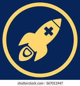 Medical Rocket vector icon. Style is flat circled symbol, yellow color, rounded angles, blue background.