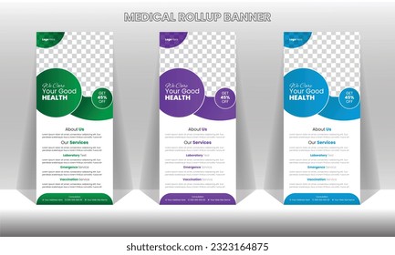 Medical roll up design, standee and banner template decoration for exhibition, printing, presentation and Hospital flyer concept vector illustration
