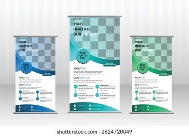 Medical roll lup healthcare and standee banner template,  business promotion signage standee vector layout