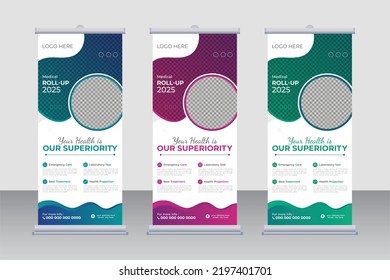 Medical roll-up banner design layout, standee signage concept layout pull-up design for business promotion with 2 color variations.