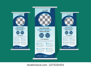 Medical rollup banner design template. Healthcare rollup and standee banner design template.