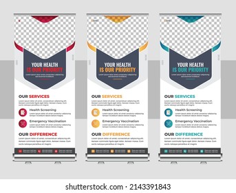 Medical rollup or X banner design template. Healthcare and medical rollup and standee banner design template