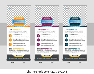 Medical rollup or X banner design template. Roll up banner. Creative Medical sale Vertical Rollup banner design template vector X-banner and Street Medical Business Flag creative concept