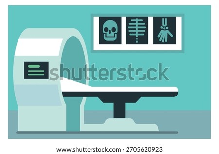 A medical room with a CT scan machine and a skull on the wall