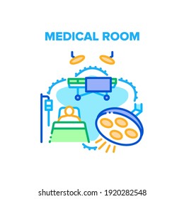 Medical Room Vector Icon Concept. Surgical Operating Medical Room Patient Lying In Bed Of Hospital Ward. Lamp Clinic Equipment For Lighting Medical Surgery And Stretcher Color Illustration