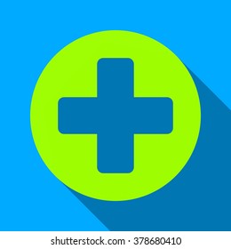 Medical Rounded Cross long shadow vector icon. Style is a flat light symbol with rounded angles on a blue square background.