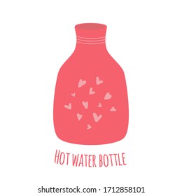 Medical rubber water bottle for painful periods and menstrual. Zero waste menstruation period, cramp problems, menstrual pain, women stomach issues concepts. Cartoon. Flat. Vector stock illustration.