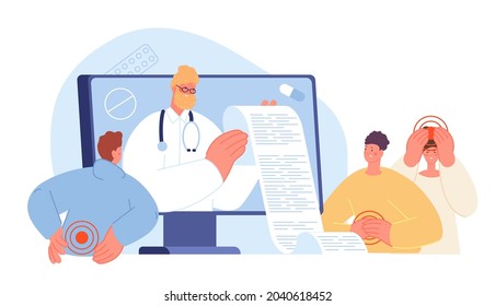 Medical rx concept. Healthcare, doctor prescription for patients with pain. People need painkillers drugs or tablets, hospital treatment utter vector scene