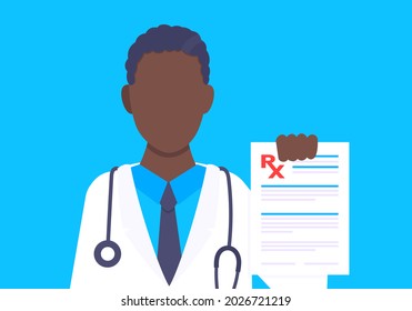 Medical rx form prescription flat style design vector illustration. Doctor holds paper rx form application. Medical prescription concept.