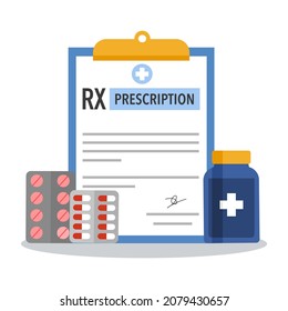 Medical RX prescription form with medicines tablets and capsules in flat design on white background.