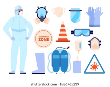 Medical safety equipment. Man in protect clothes, personal protective elements icons. Person wear boots face mask utter vector infographics