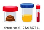 Medical samples in tubes. Laboratory Containers with Caps. Blood, urine and stool. Medical containers for assembling human biomaterial set. Healthcare, medical diagnostic Vector illustration.