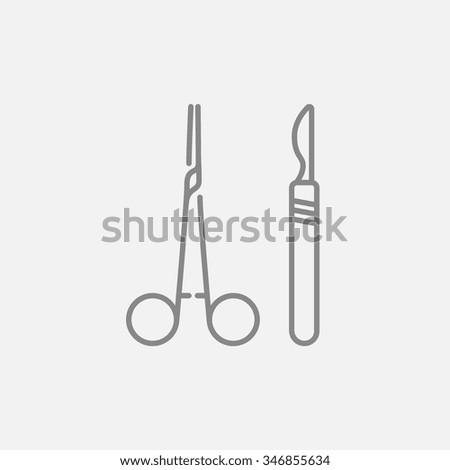 Medical scalpel and clamp for web, mobile and infographics. Vector dark grey icon isolated on light grey background.