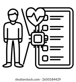 Ícone de escaneamento médico representado por humano, chip, escaneador, batimento cardíaco, estilo de linha de resultado.