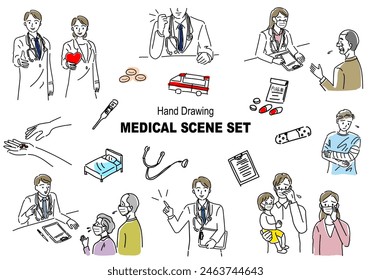 medical scene hand drawing illustration set, vector