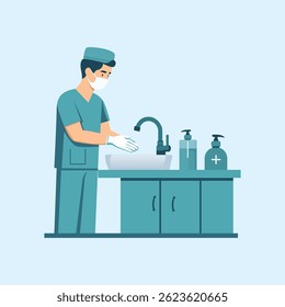 Medical scene illustration showing doctor consultations, nurse assistance, pharmacy service, dental care, child treatment, and healthcare hygiene practices