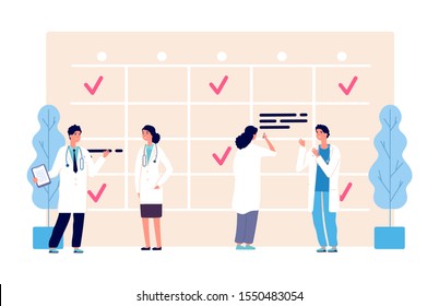 Medical schedule. Doctors work schedule vector illustration. Clinic team, agenda, hospital staff characters