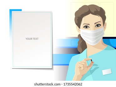 Medical schedule template. Doctor with surgical mask on the face holds the capsule pill. Copy space illustration.