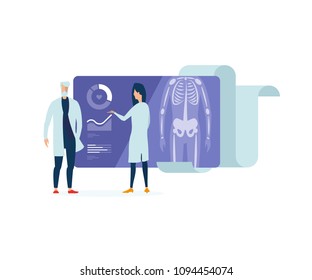 Medical school. Council of physicians. Two doctors discuss the timeline of the patient's illness. Illustration of health. X-ray scan. Health facility. Hospital.