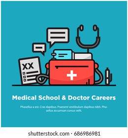 Medical school and doctor careers with bag stethoscope notepad flat line style design