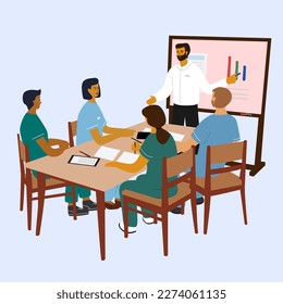 Medical School of doctors and nurses watching and listening lecture or presentation. Flat Cartoon vector Illustration.