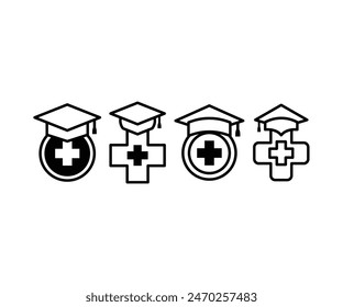 medical school graduation hat cap icons symbol vector design black white illustration collections sets isolated 