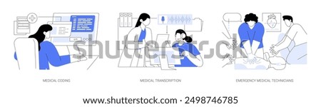 Medical school isolated cartoon vector illustrations set. Clinical coding officer education, medical transcription course, emergency technician shows first aid on mannequin vector cartoon.