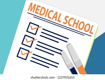 Medical School or planning icon concept. One task failed. Paper sheets with check marks, abstract text and marker. Cup of Coffee Vector flat illustration isolated on color background