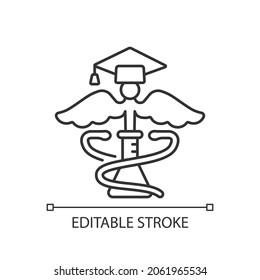 Medical school for research linear icon. Science and lab research. Advance human health. Thin line customizable illustration. Contour symbol. Vector isolated outline drawing. Editable stroke