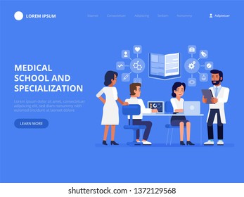 Medical school and specialization. Group of medical students or nurses. Practicing Interns standing together in doctor uniform. Vector illustration in flat style
