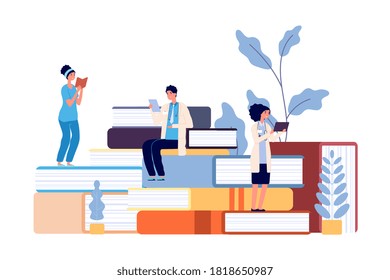 Medical school students. Doctors studying, hospital staff reading books. Refresher courses for nurse, healthcare professor college vector illustration