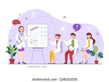 Medical School with Students Listening to Doctor Lecture and Learning Science in Classroom in Flat Cartoon Hand Drawn Template Illustration