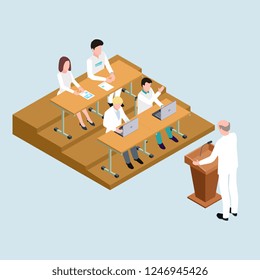 Medical school students and proffessor isometric vector illustration