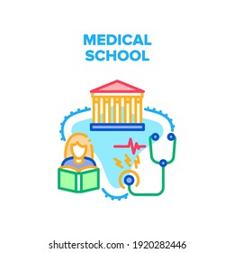 Medical School Vector Icon Concept. Medical School Building For Prepare Doctors And Nurses, Woman Student Education Research Heart Beat With Stethoscope And Reading Medicine Book Color Illustration