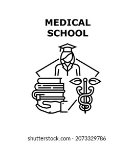 Medical School Vector Icon Concept. Medical School For Education Medicine Worker, Student Studying Doctor And Nurse. University Educational Book Literature For Study Black Illustration