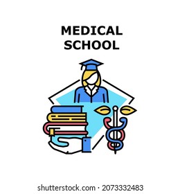 Medical School Vector Icon Concept. Medical School For Education Medicine Worker, Student Studying Doctor And Nurse. University Educational Book Literature For Study Color Illustration